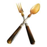 Antique horn salad cutlery – shell decoration 1900