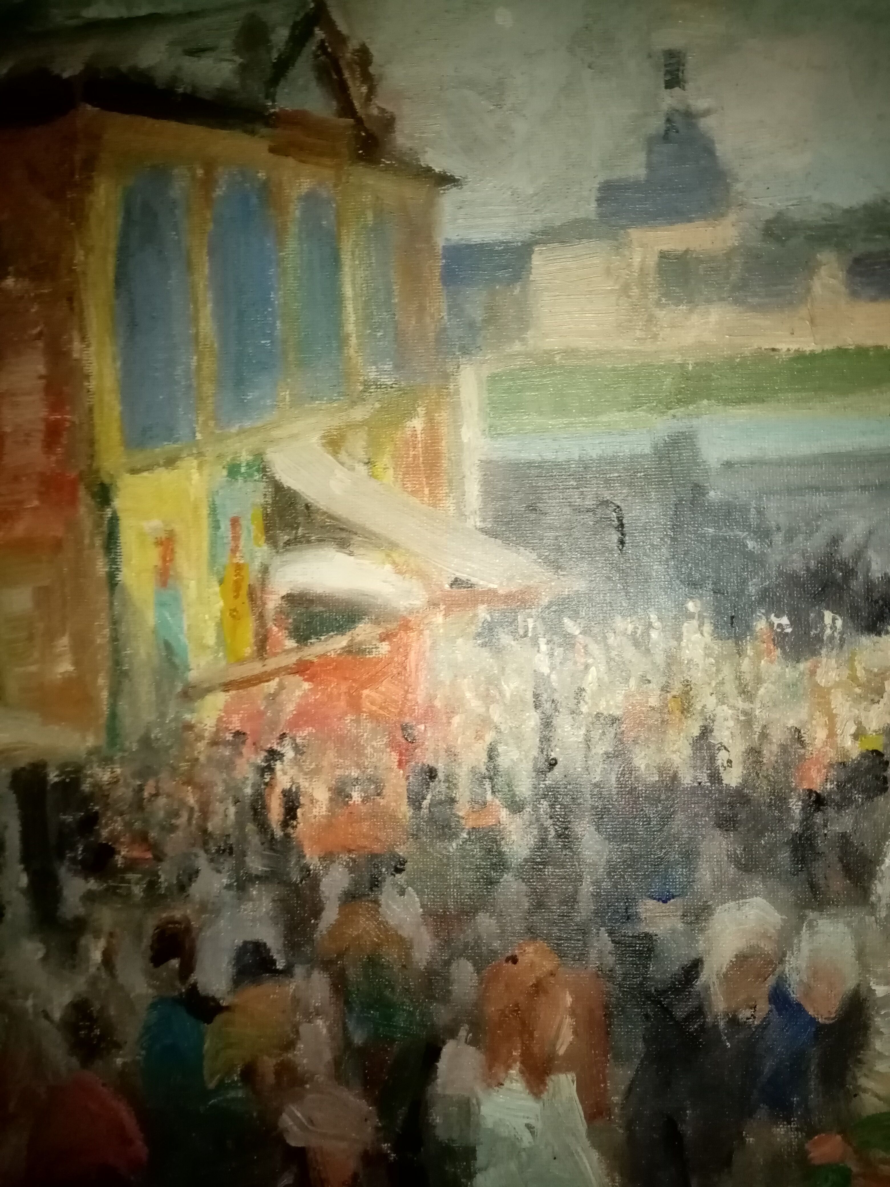 Impressionist painting oil on cardboard signed Pierre Villain walking scene