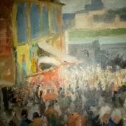 Impressionist painting oil on cardboard signed Pierre Villain walking scene