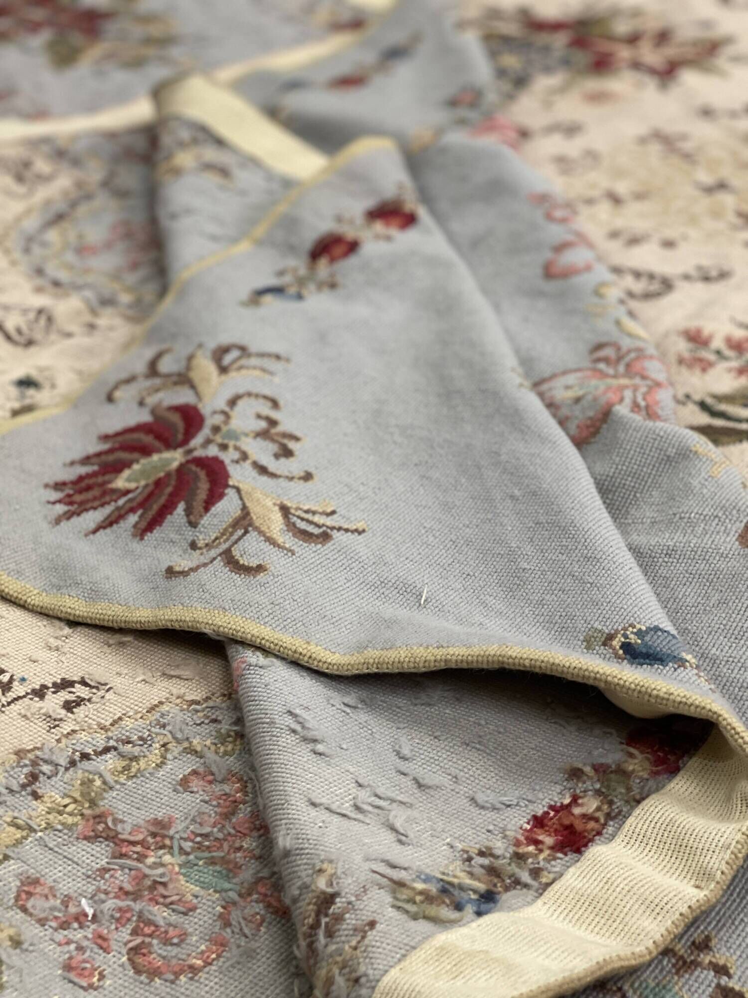 Very Large Aubusson Style Needlepoint Rug 360x470 cm Blue Floral Flatweave Wool