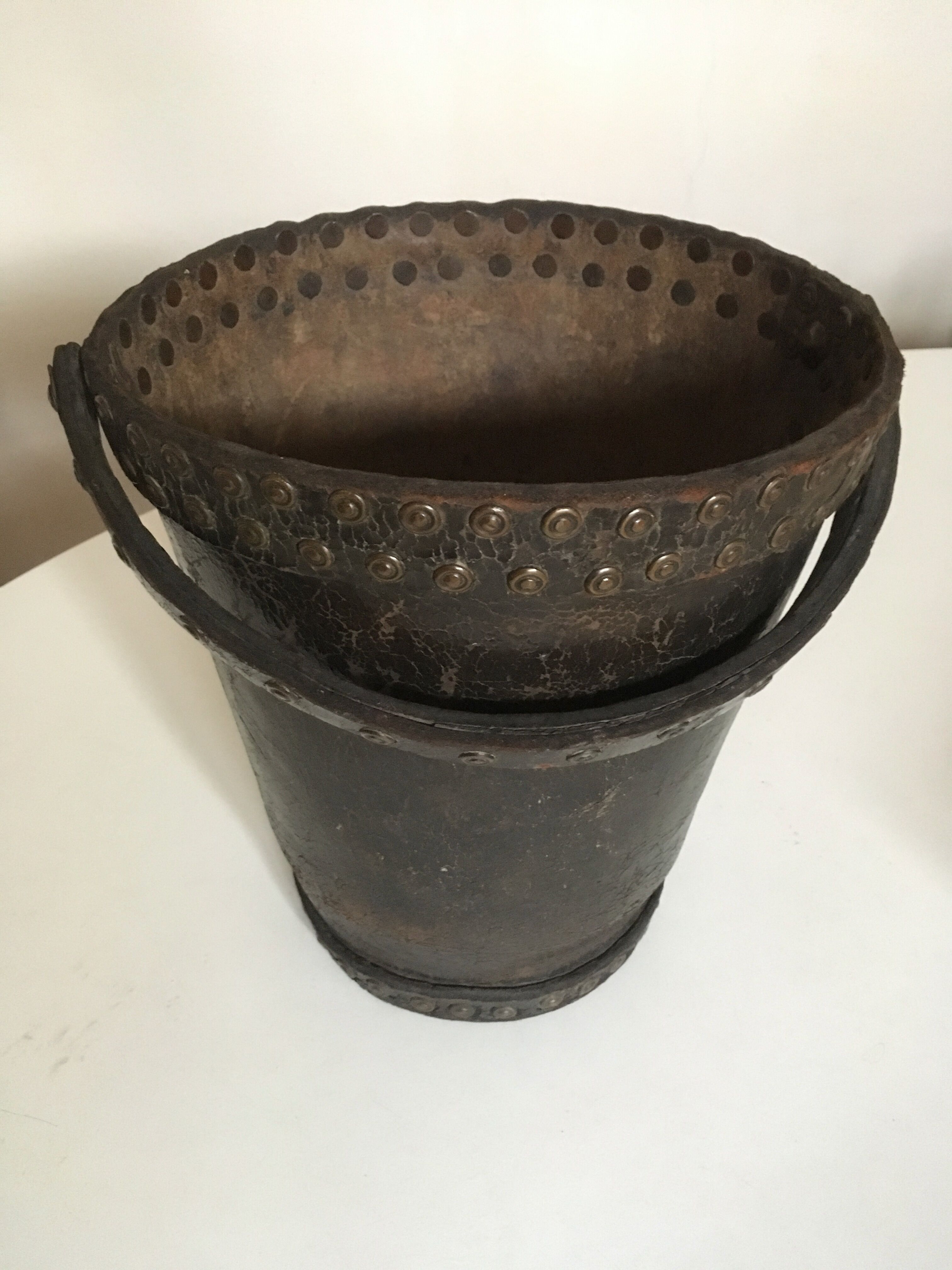 Brutalist studded leather wastepaper basket bucket 1920