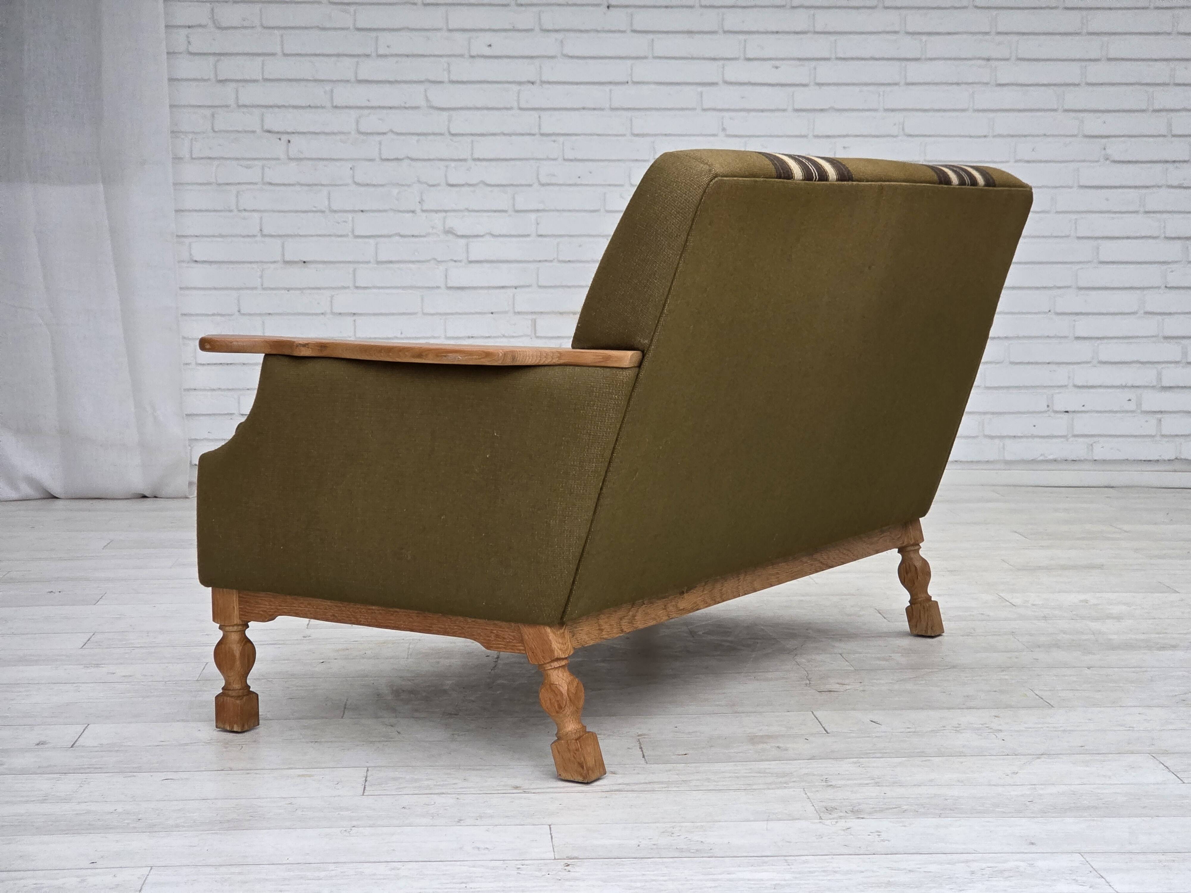 1970s, Danish 2-seater sofa, green furniture wool, oak wood.