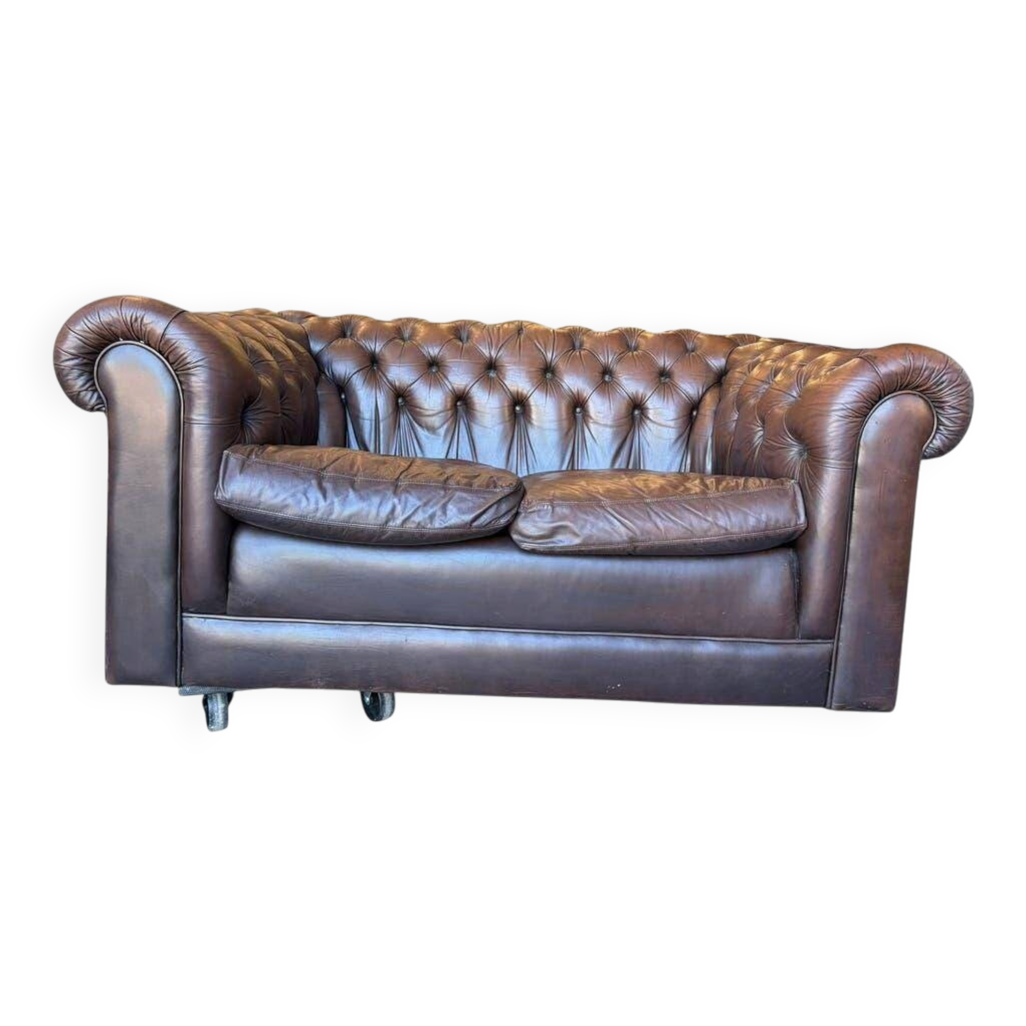 Vintage chocolate brown leather Chesterfield armchair/sofa