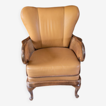 Chippendale leather and cane armchair, circa 1950