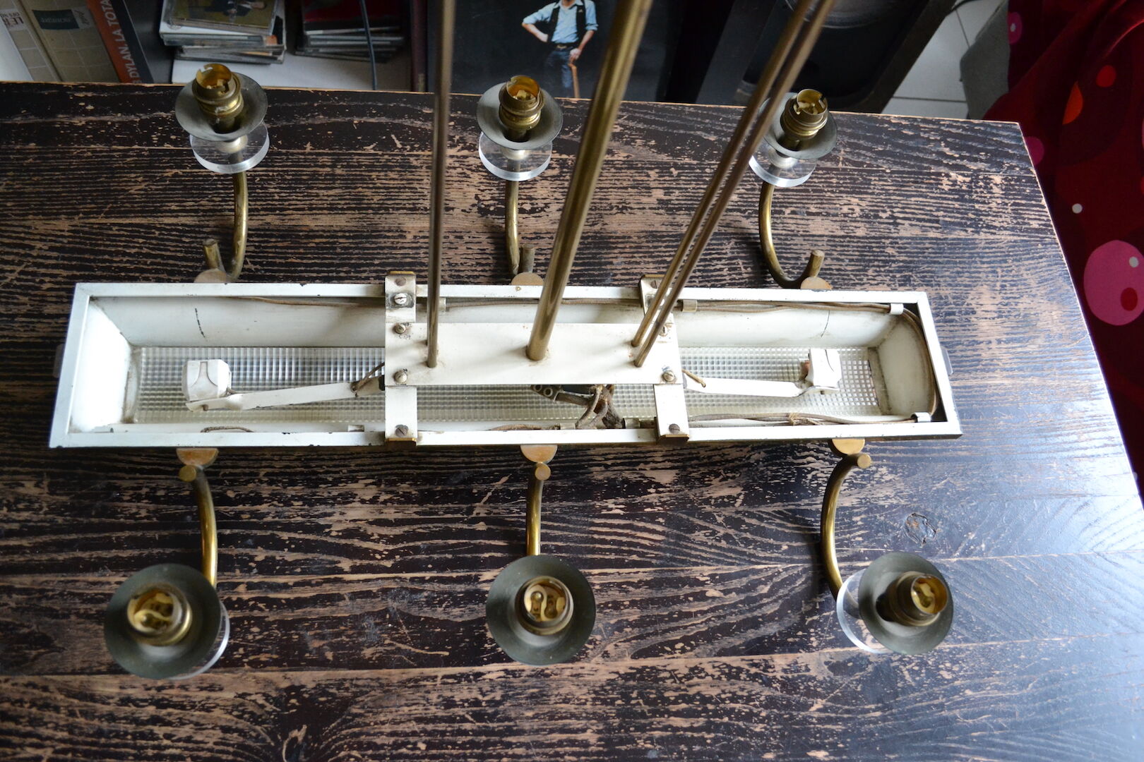 Rectangular Art Deco Chandelier 6 Golden Brass Lights