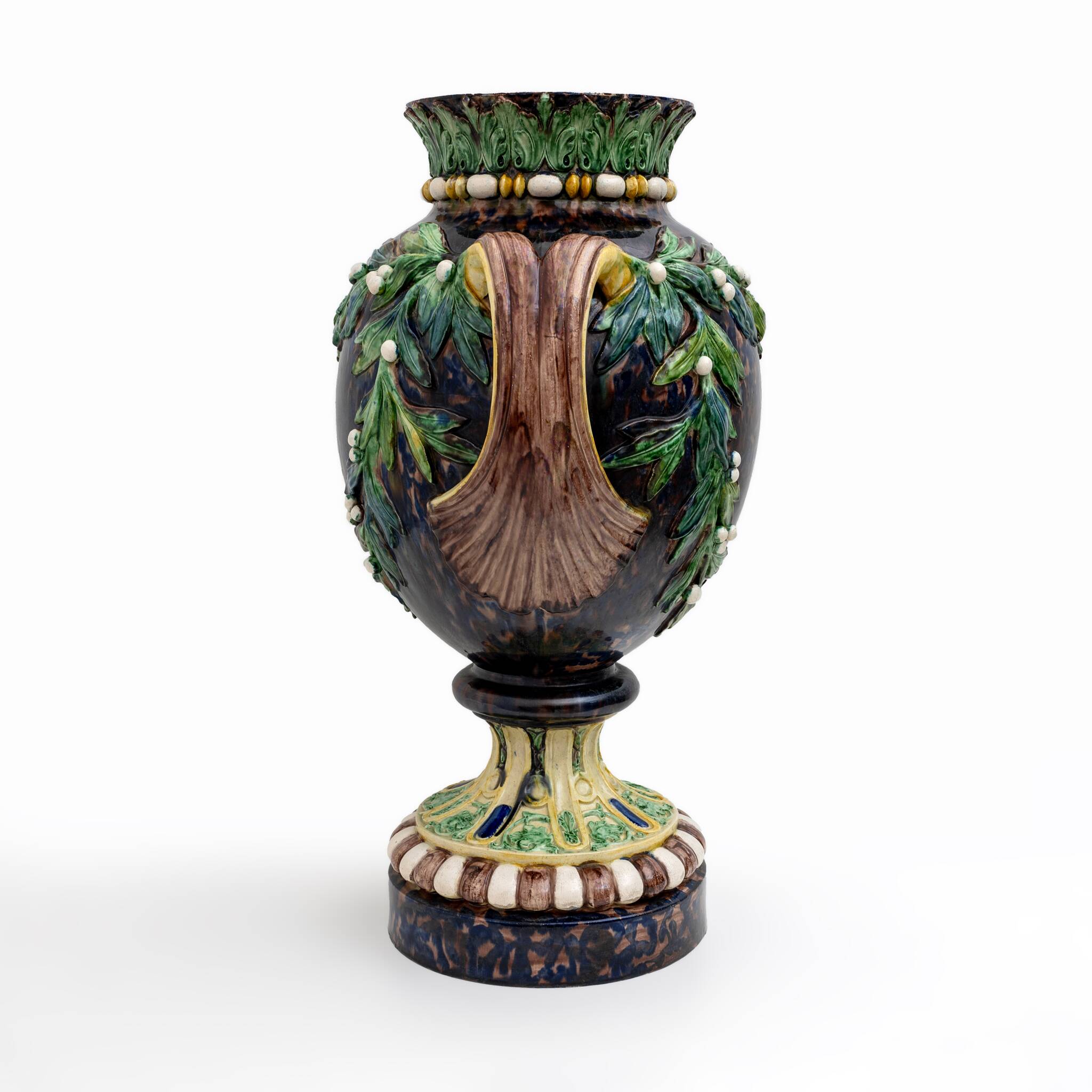 Large 19th century French Majolica Renaissance Palissy Vase with Mistletoe