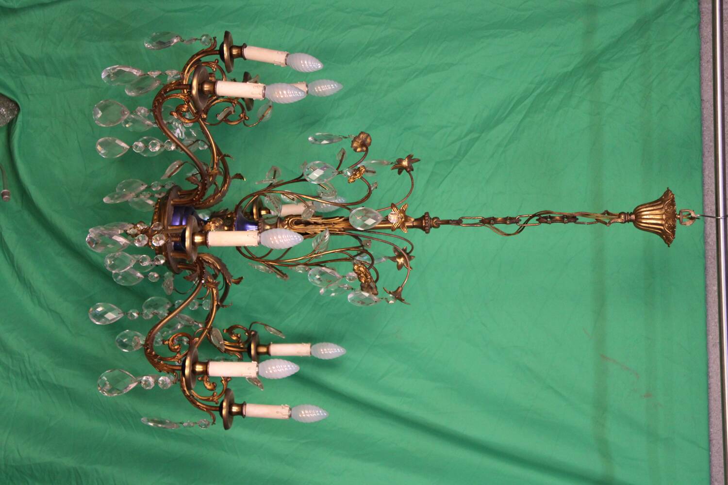 19th-century French gilt bronze chandelier featuring brass flowers and