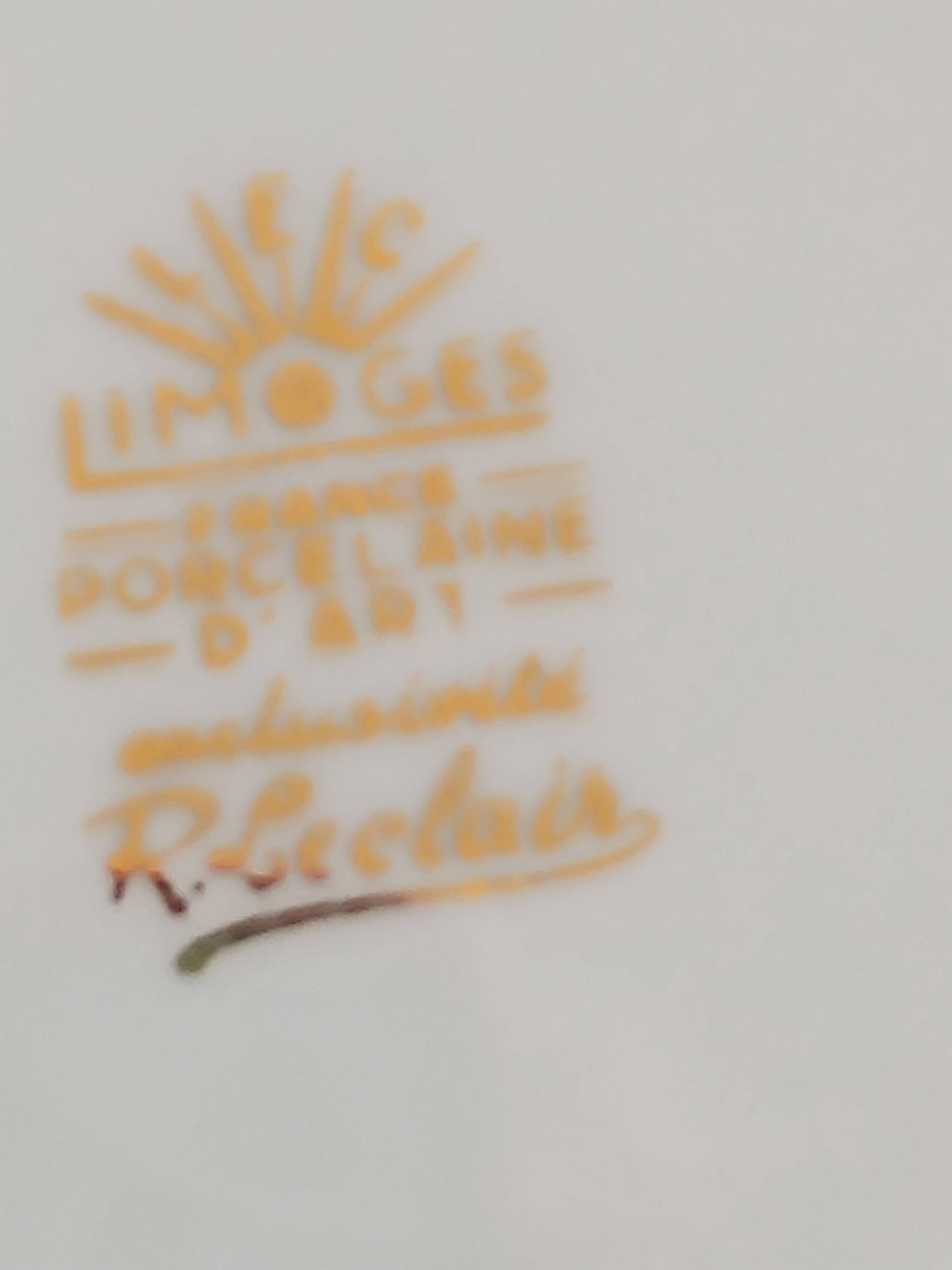 6 Limoges France dinner plates. White, matte gold edging. R; Leclair.