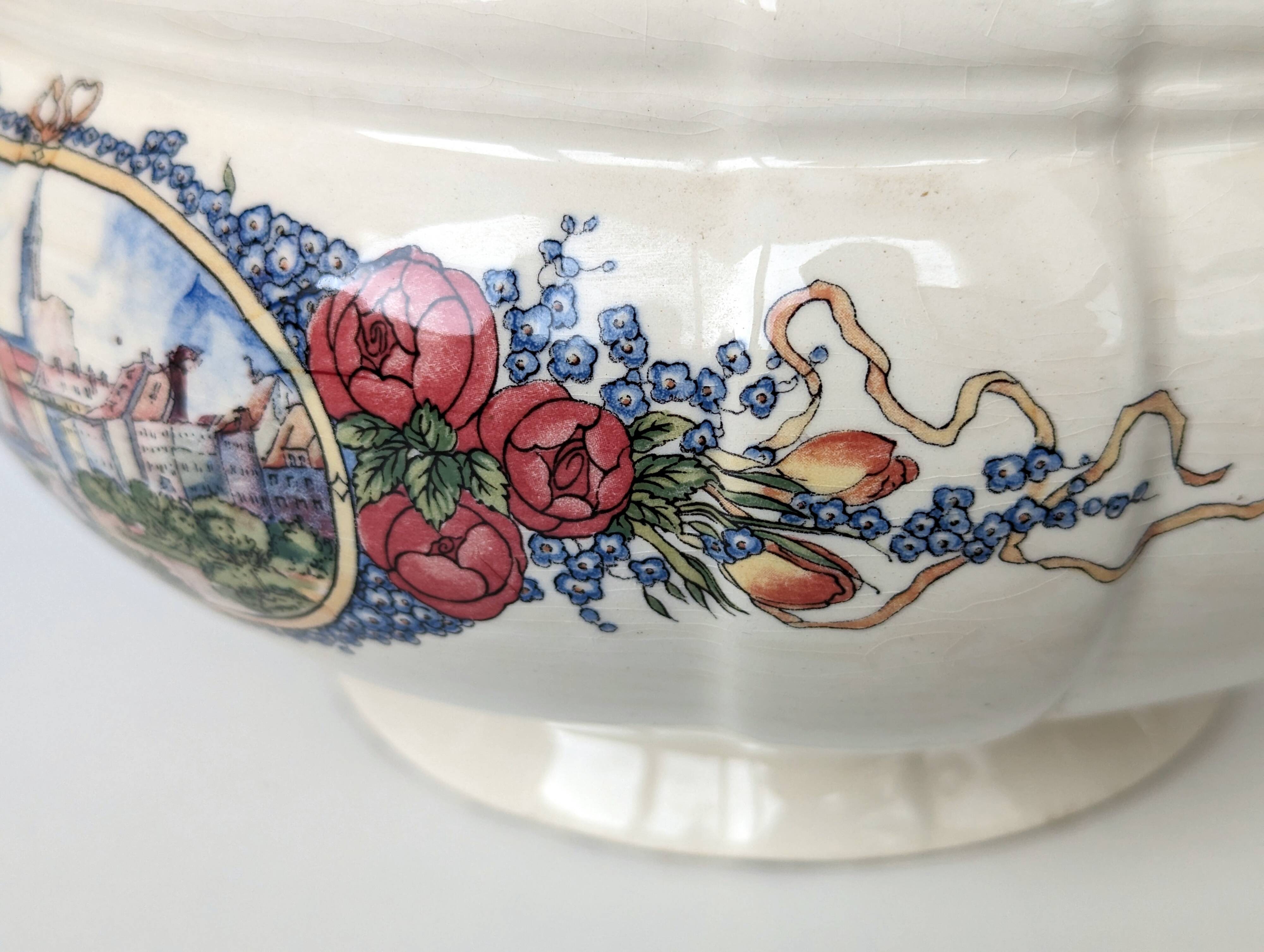 Earthenware tureen from sarreguemines obernai model illustrated by henri loux