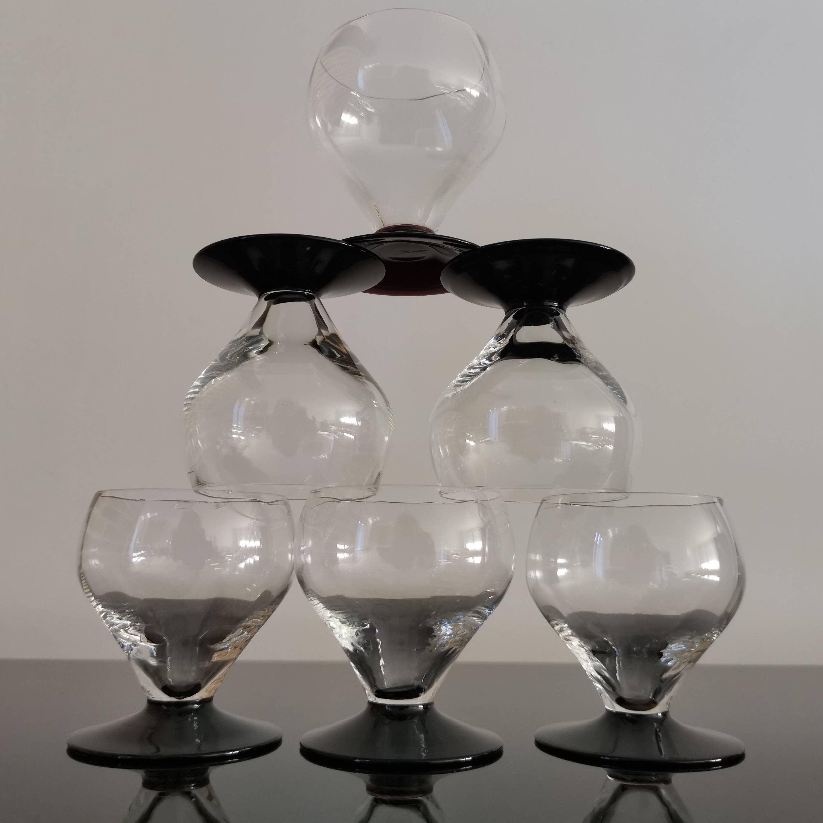 6 small retro smoked burgundy stemmed glasses