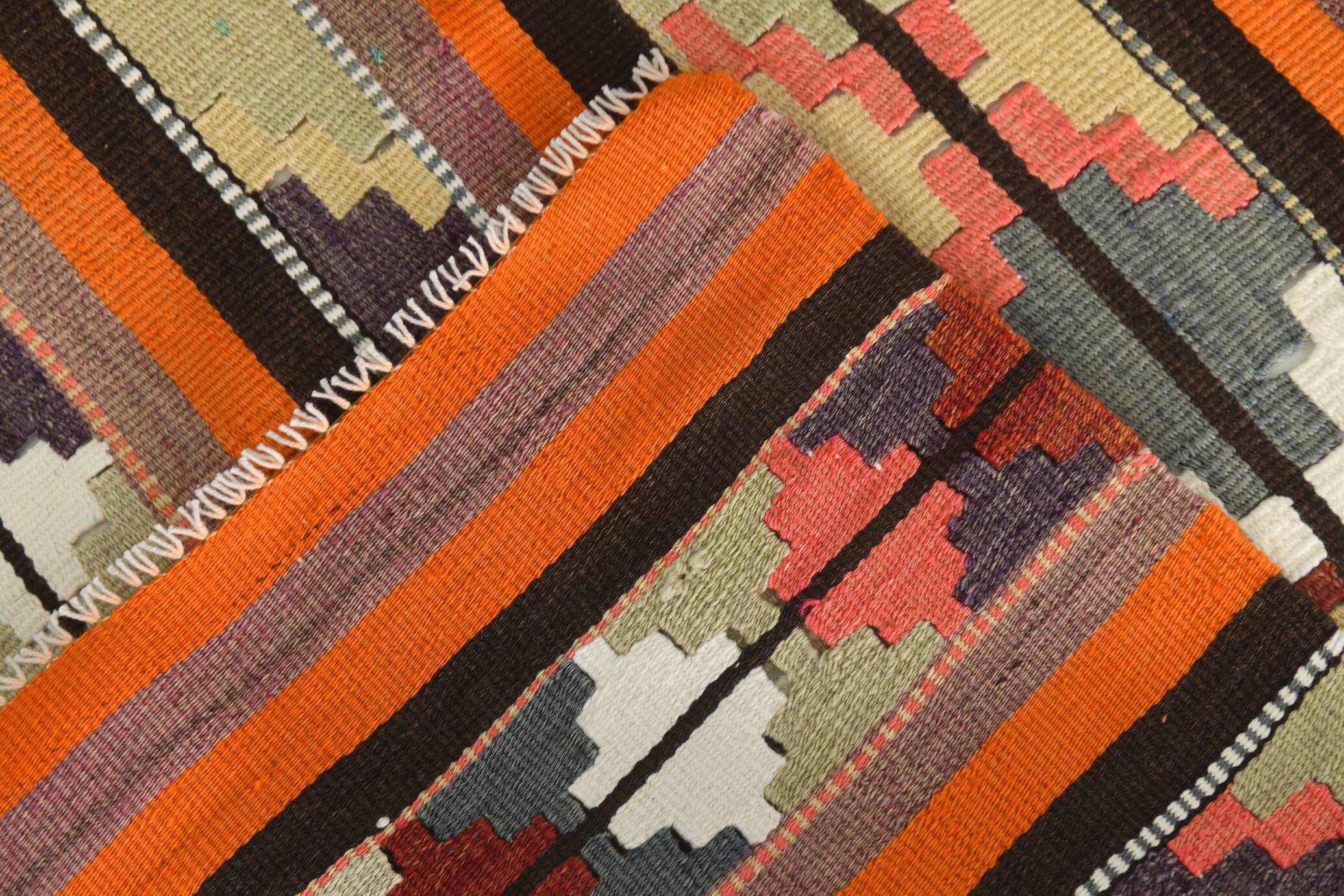 Pink & Brown Turkish Vintage Kilim Runner Rug, 77x387Cm