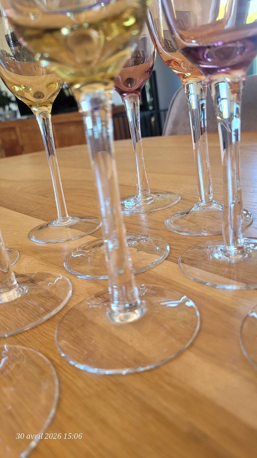 10 coloured glass stemmed glasses