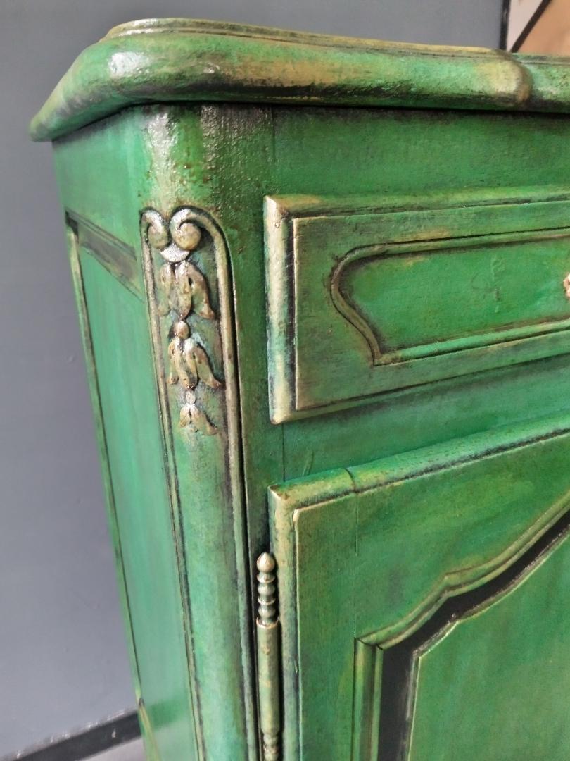 Buffet style Louis XV green and golden cerusé.
