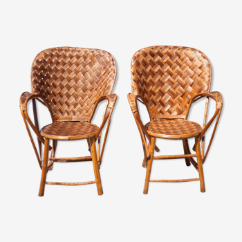 Pair of chestnut and rattan braided chair, chair with armrest, veranda chair, patio, 60's
