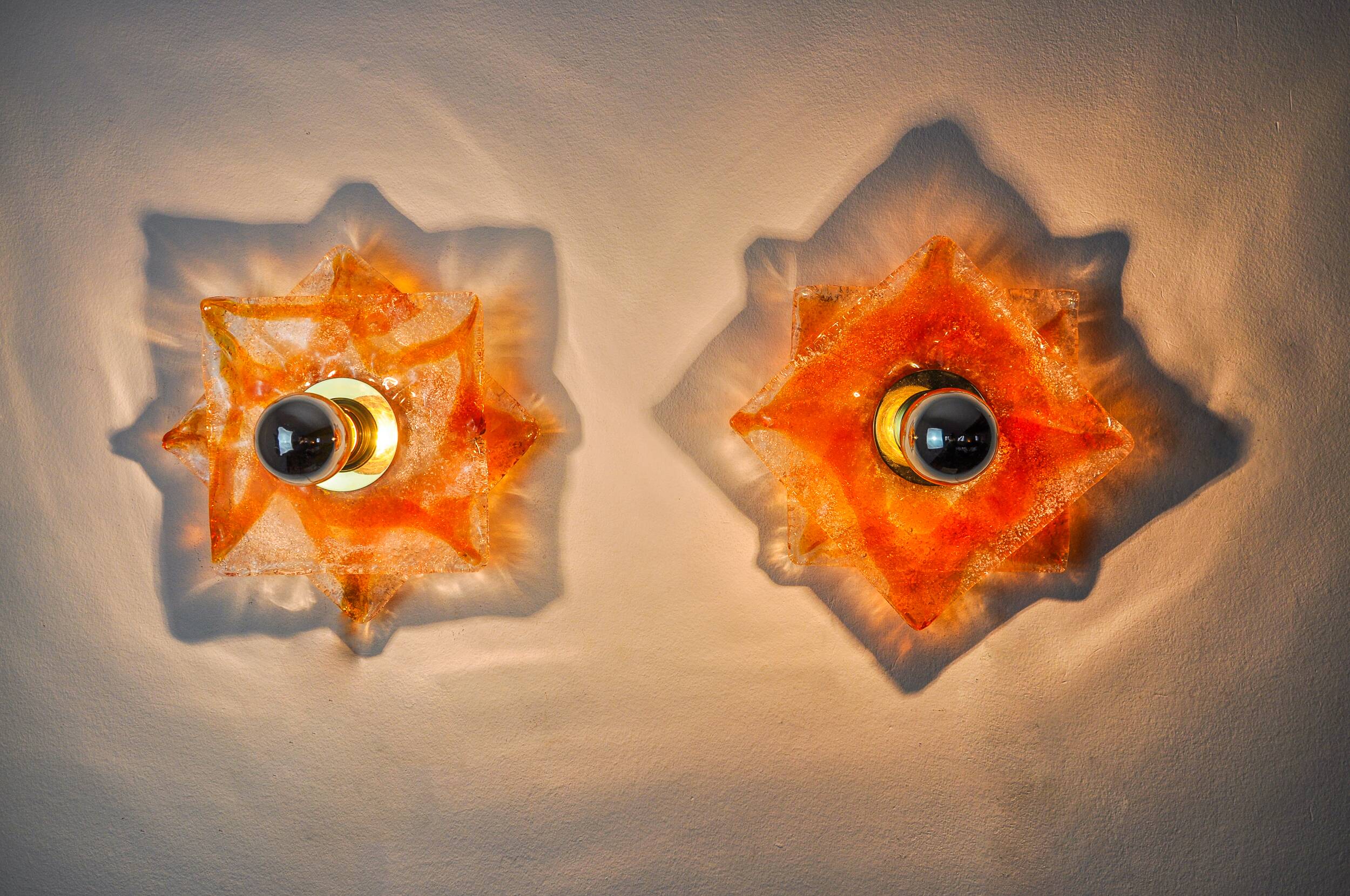 Pair of Murano Mazzega wall lights, orange frosted glass, Italy, 1970