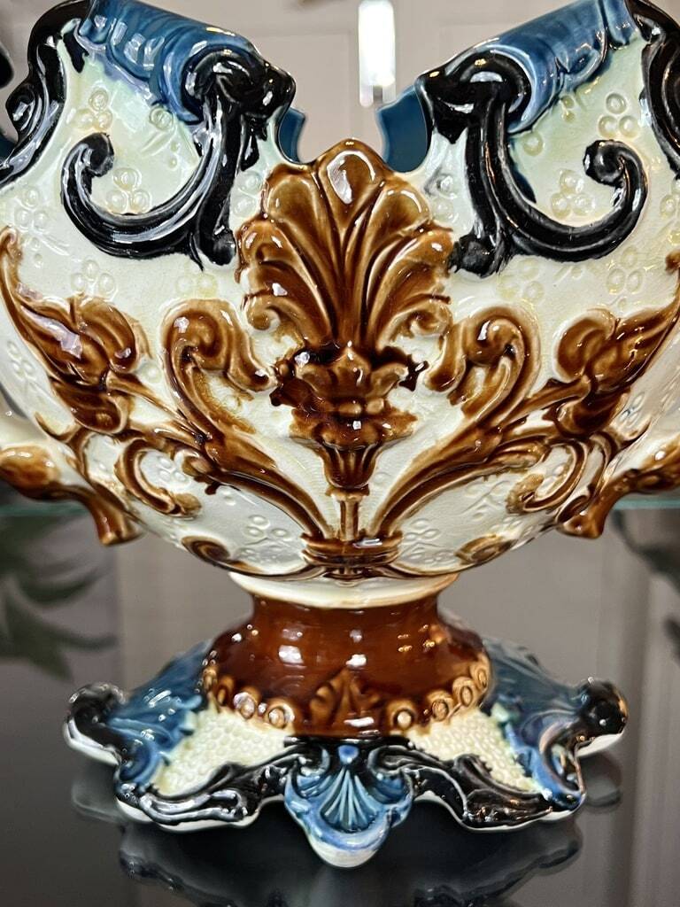 Glazed Earthenware Planter - Barbotine Early 20th Century - Ochre and Blue