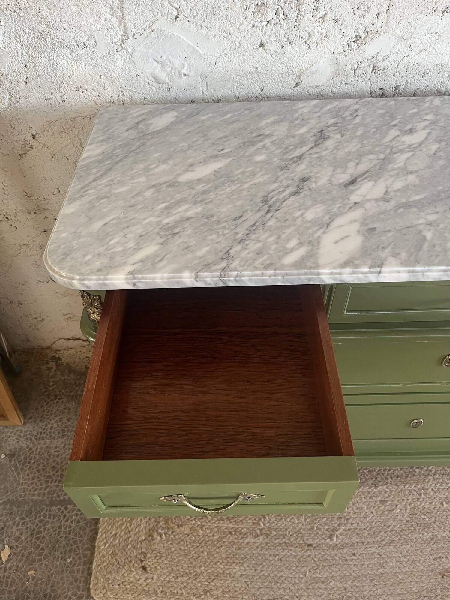Louis XVI style olive green commode with marble.