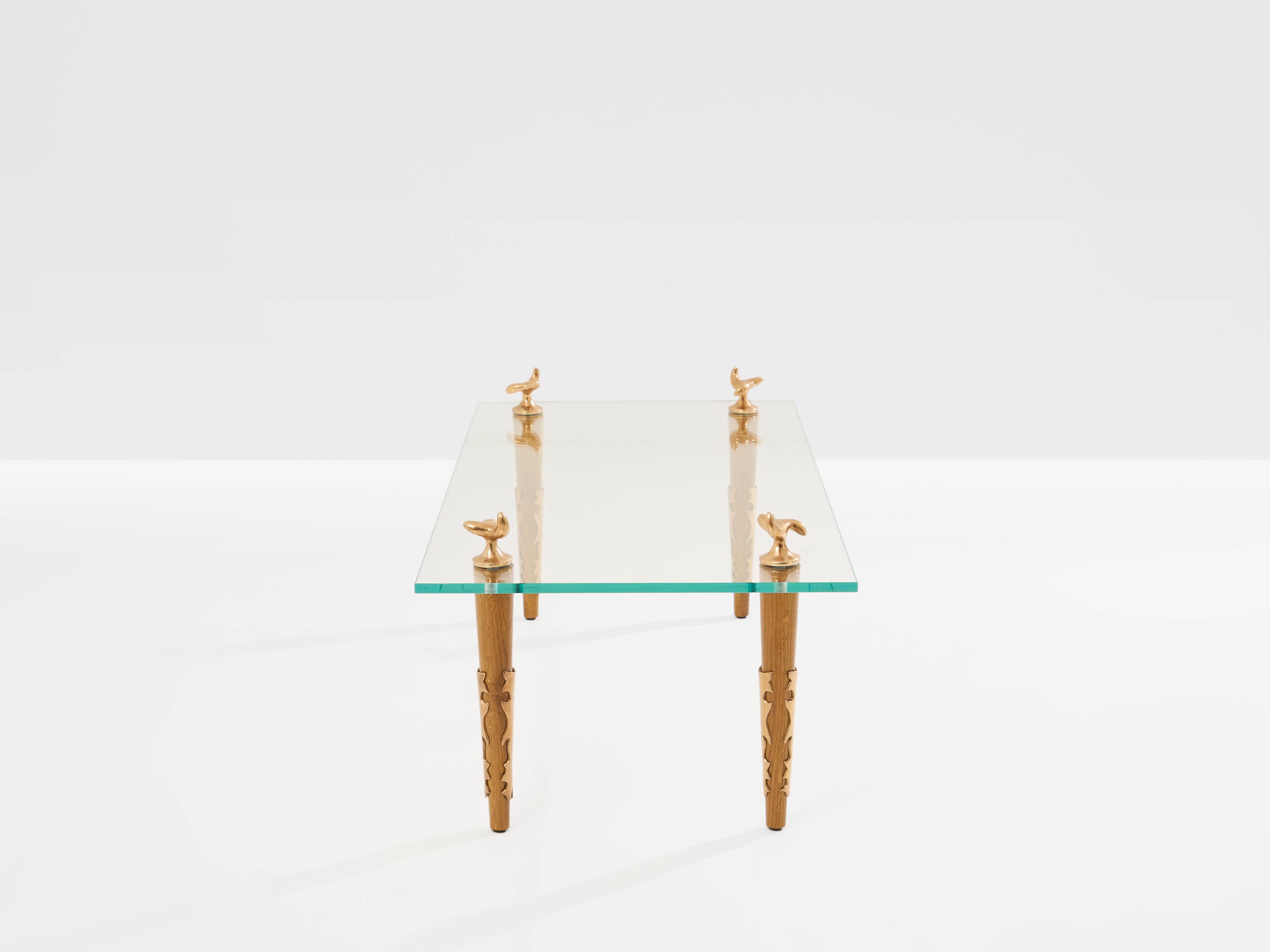 Table basse chêne bronze verre signée Garouste & Bonetti 1995