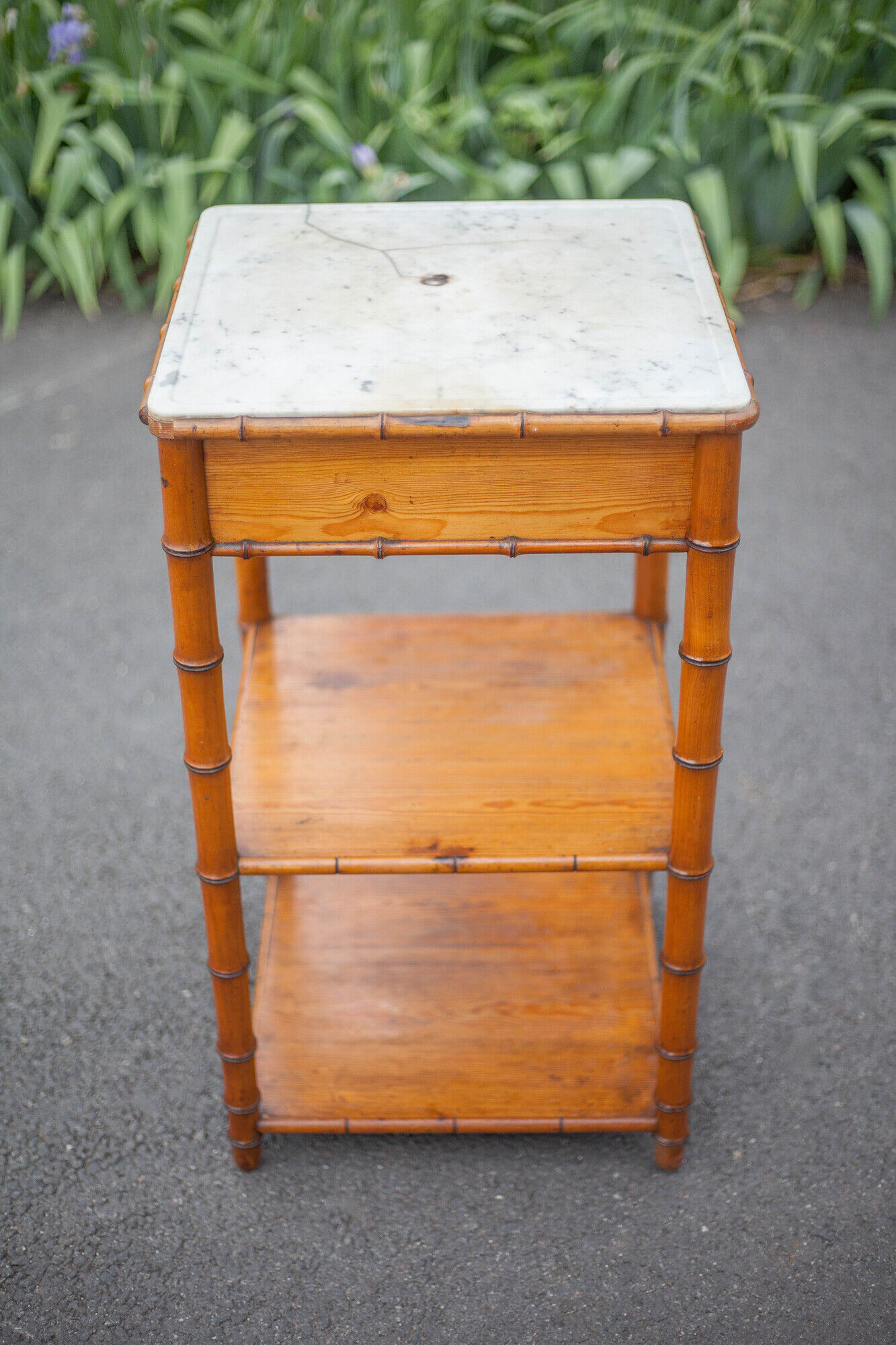 Bedside table wood imitation bamboo and marble colonial style, pedestal table, furniture 1 old drawer