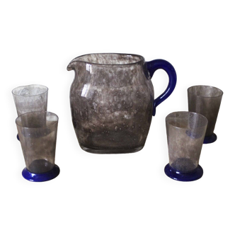 Daum bubble glass pitcher and its 4 glasses