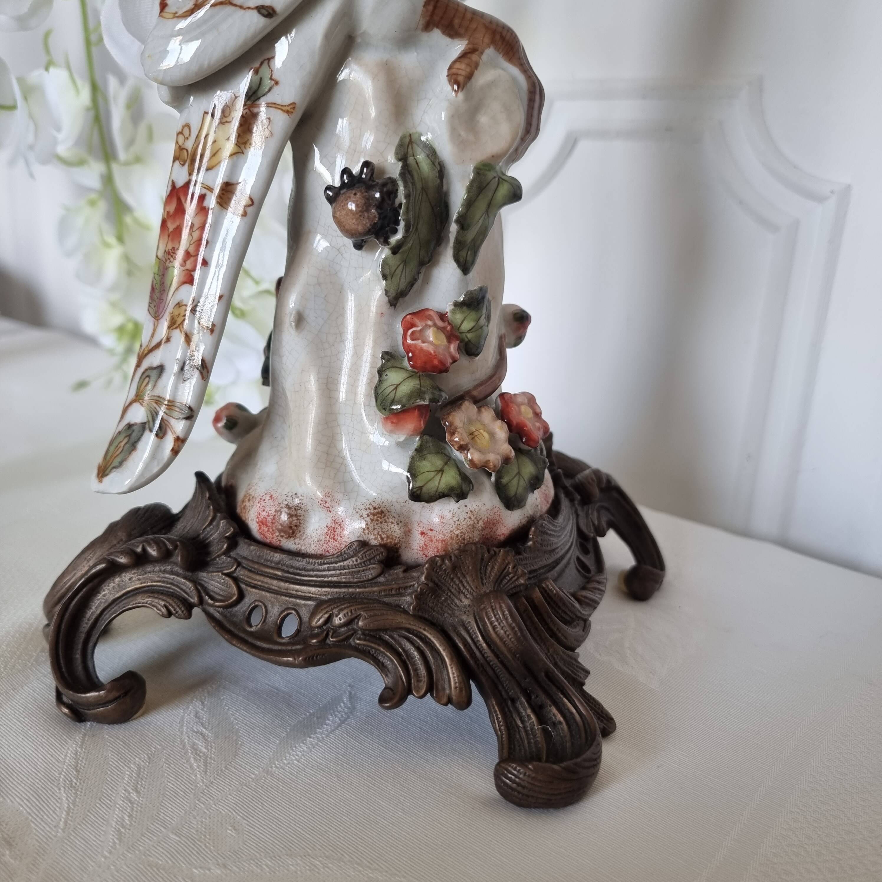 Parrot Candle Holder, Enameled Porcelain and Bronze, Late 19th Century