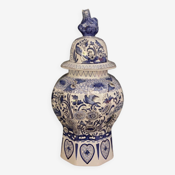 Covered pot potiche decor Delft AD Chinese Fô dog birds