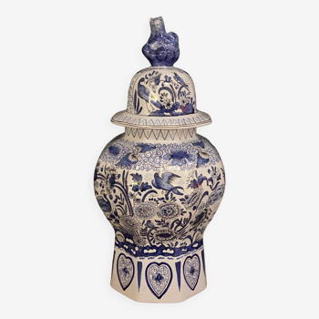 Pot couvert potiche décor Delft AD chien de Fô chinois oiseaux