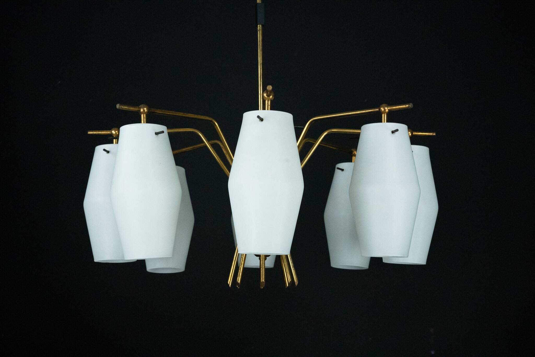 Mid-century chandelier with eight opaline glass shades