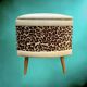 Vintage storage stool with compass legs in white faux leather and leopard velvet.