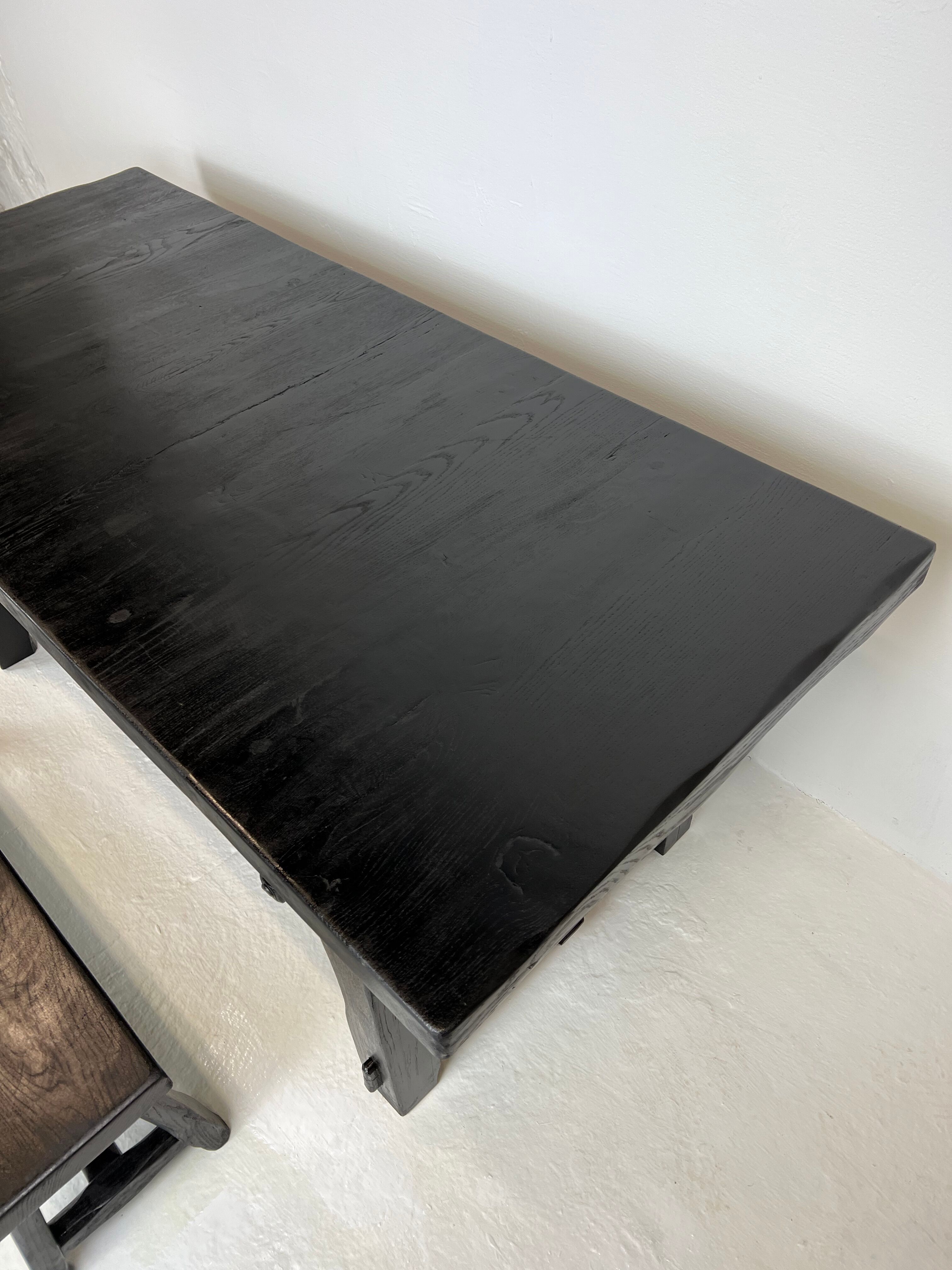 Brutalist elm table Wabi-sabi spirit and its 2 benches