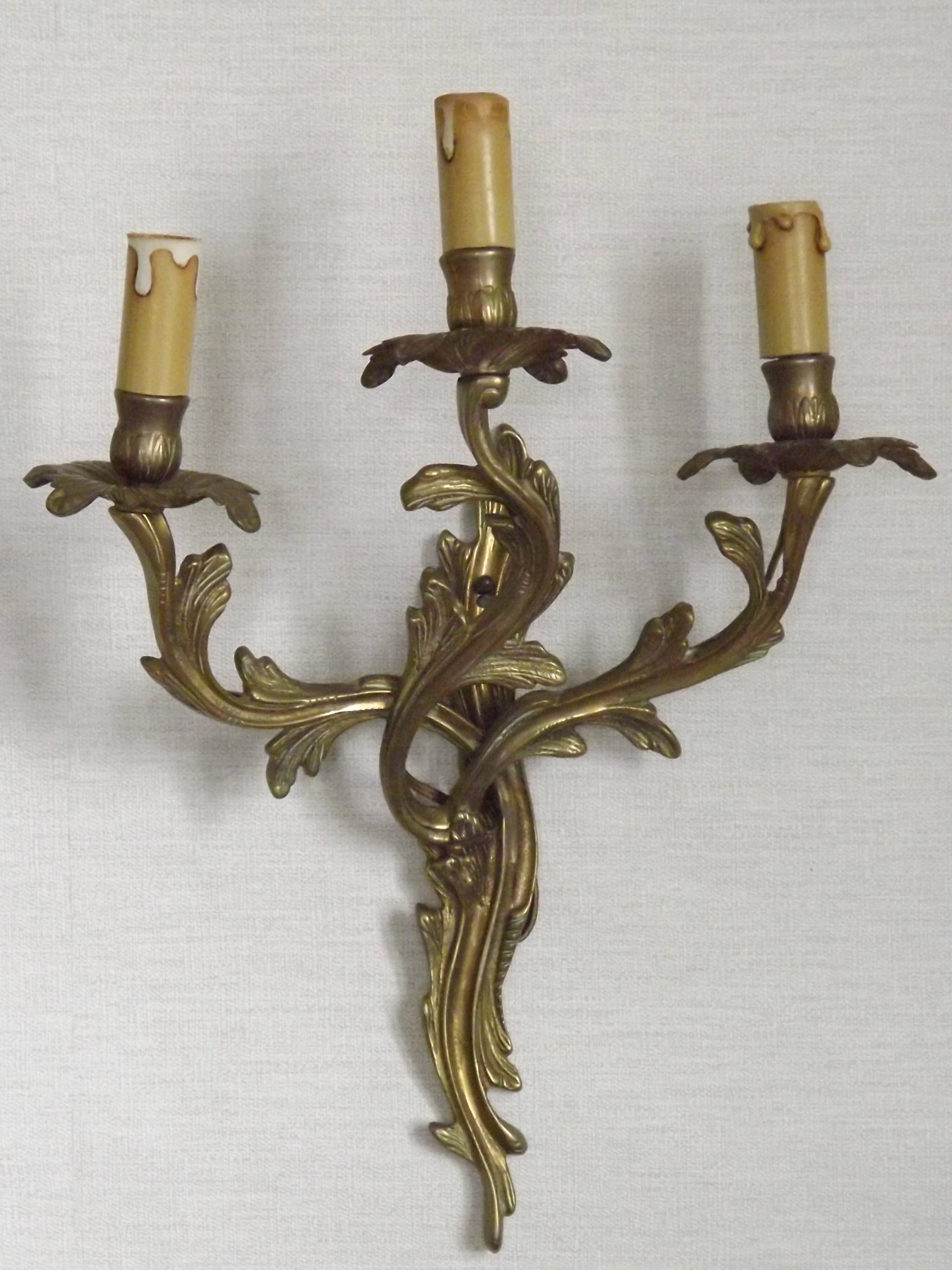 Magnificent Pair of French Antique Bronze Three-Light Acanthus Wall Sconces