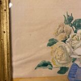 Tableau ancien , nature morte aux roses, XX siècle