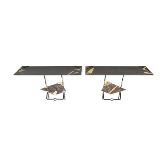 Pair of consoles by Jean-Jacques Argueyrolles in gold-leaf iron circa 1990