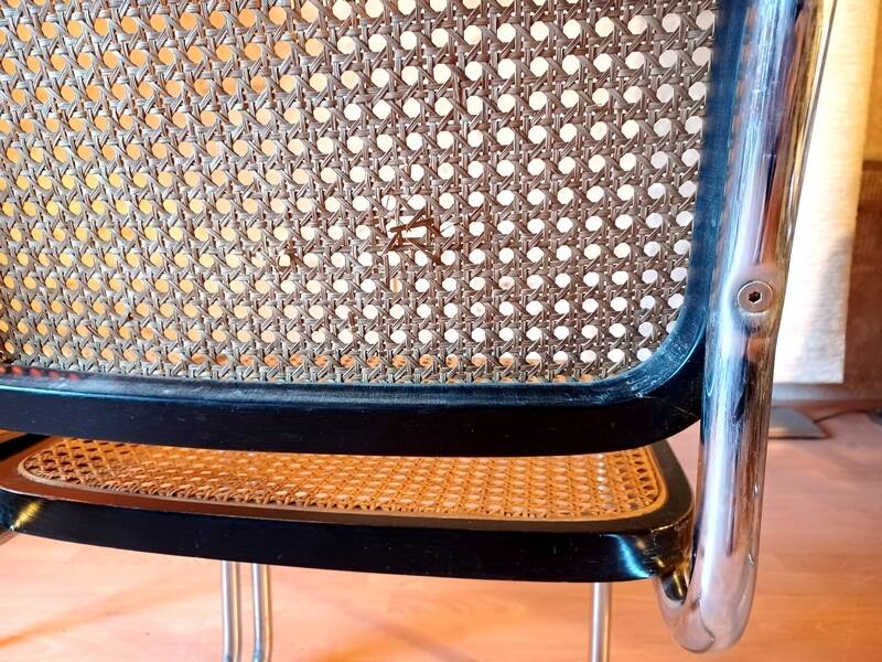 Pair of B32 Cesca chairs by Marcel Breuer, designed in 1987, stamped