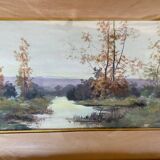 Old oil color landscape + vintage white wood frame