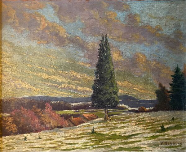 Tableau HSP ''Paysage de neige au village'' signé P. Debu daté de 1942 + cadre