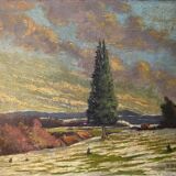 HSP painting "Snow landscape in the village" signed P. Debu dated 1942 + frame