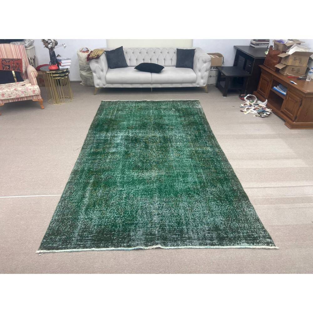 Vintage Hand-knotted Turkish Wool Area Rug Overdyed in Dark Green for Living Room