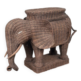 Grand support de plante éléphant en osier vintage / table d'appoint – déclaration sculpturale bohème