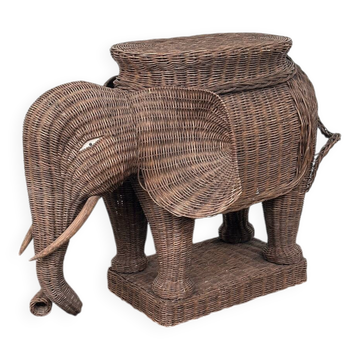 Large vintage wicker elephant plant stand / side table – sculptural bohemian statement