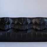 Ensemble de Salon Kashima Vintage en Cuir Noir par Michel Ducaroy pour Ligne Roset, 1976, Set de 3
