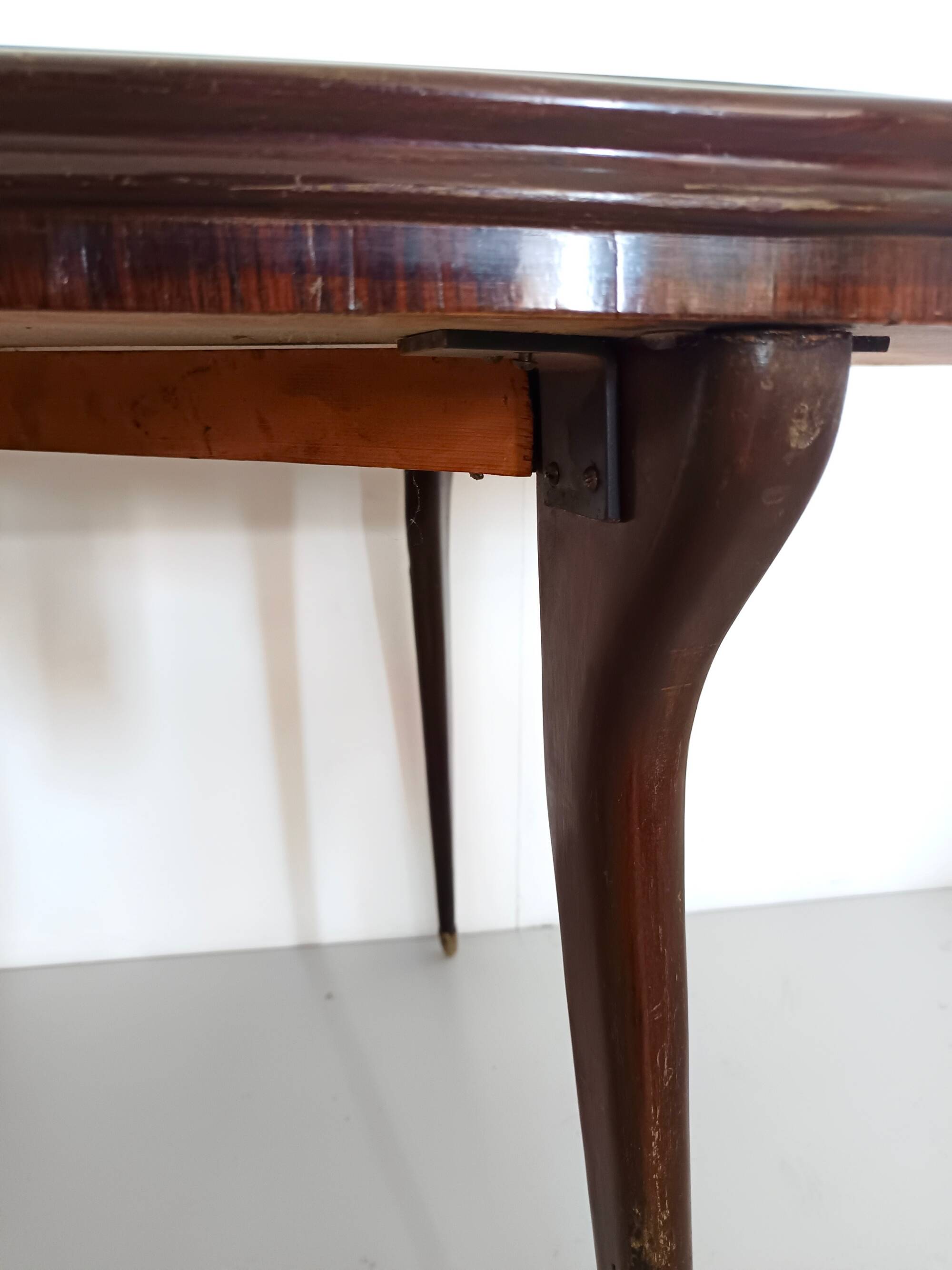 Vintage Beech and Walnut Dining Table with an Oval Gray Glass Top, Italy