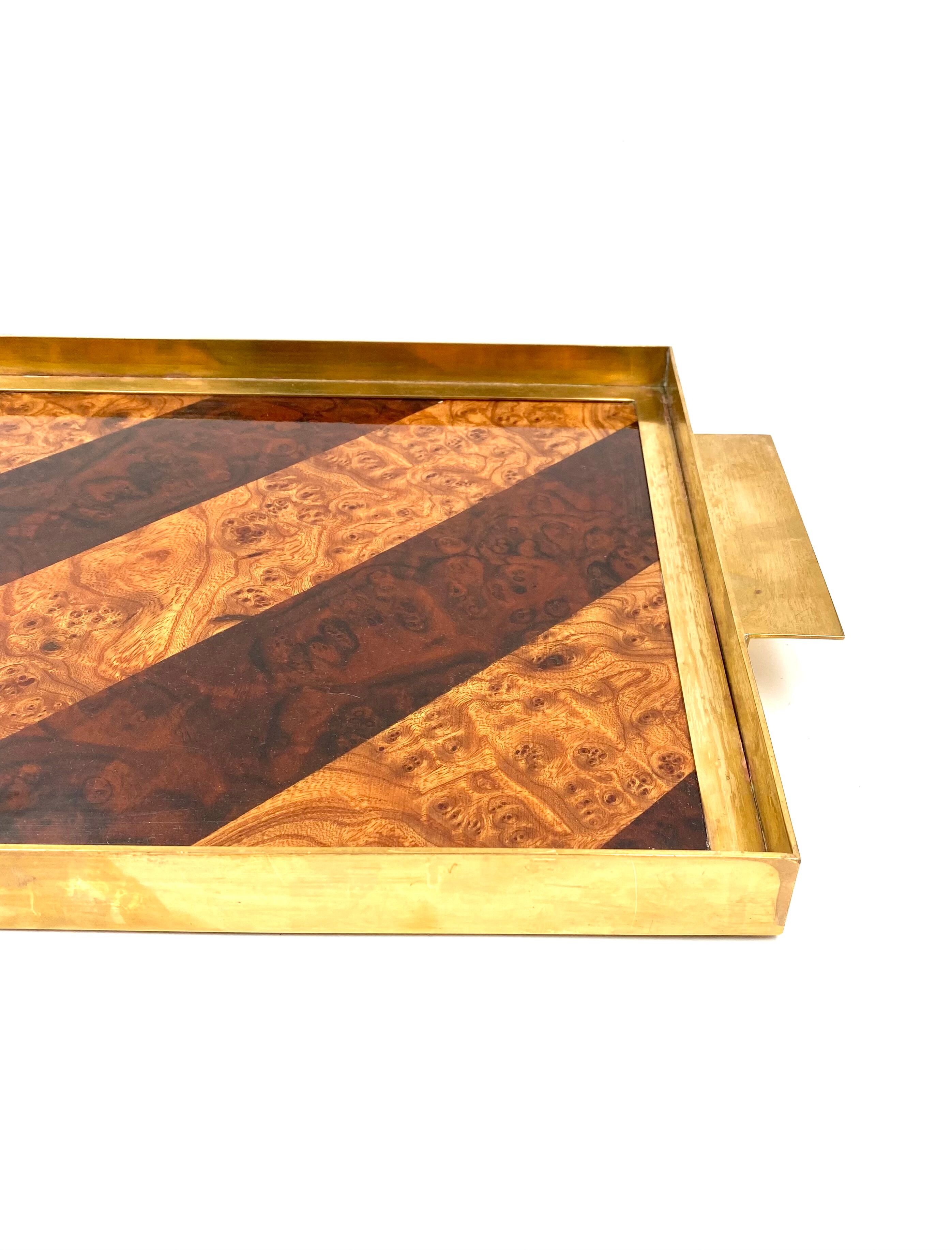 Brass and inlaid woods tray, italy 1970s