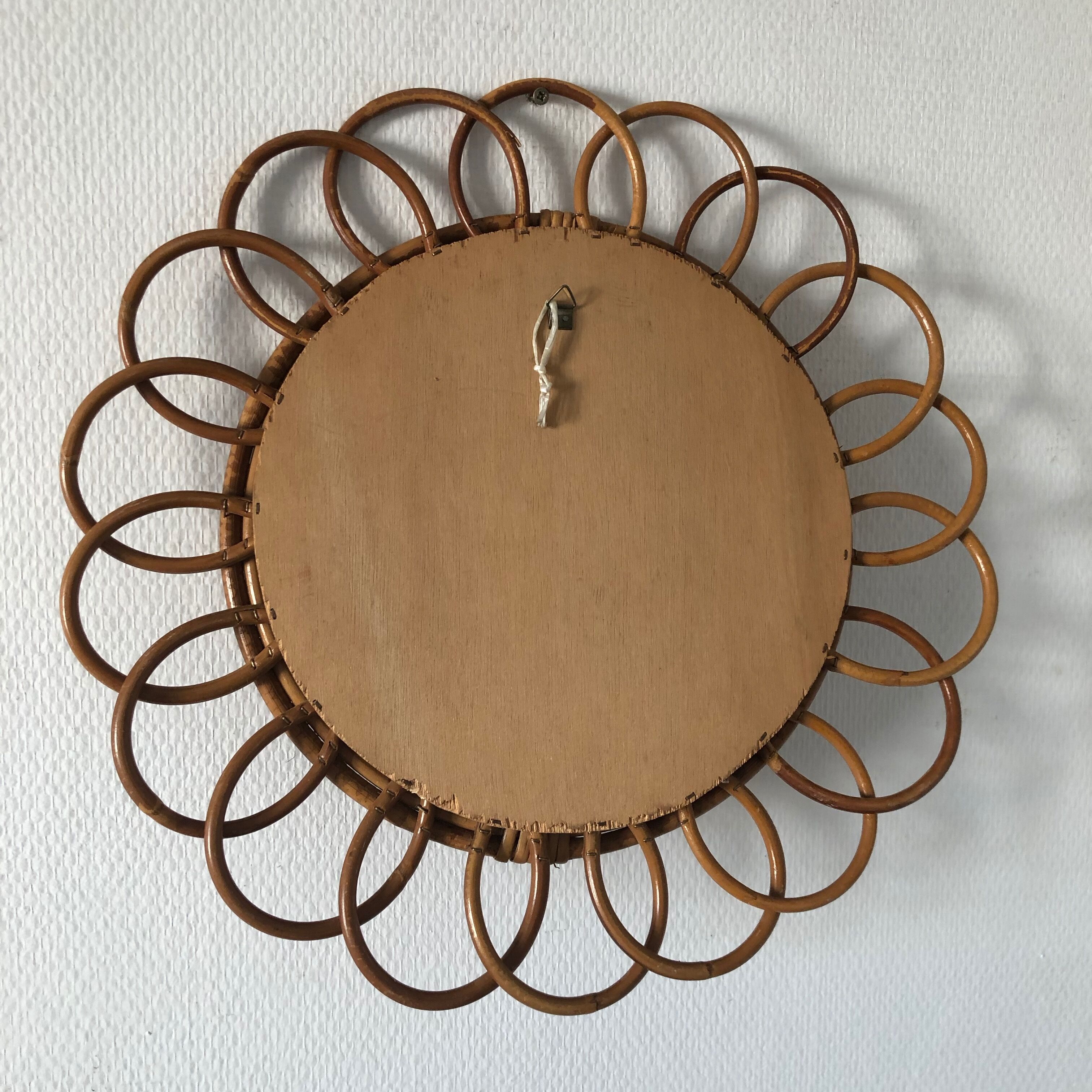 Miroir soleil fleur rotin 43cm vintage 1960