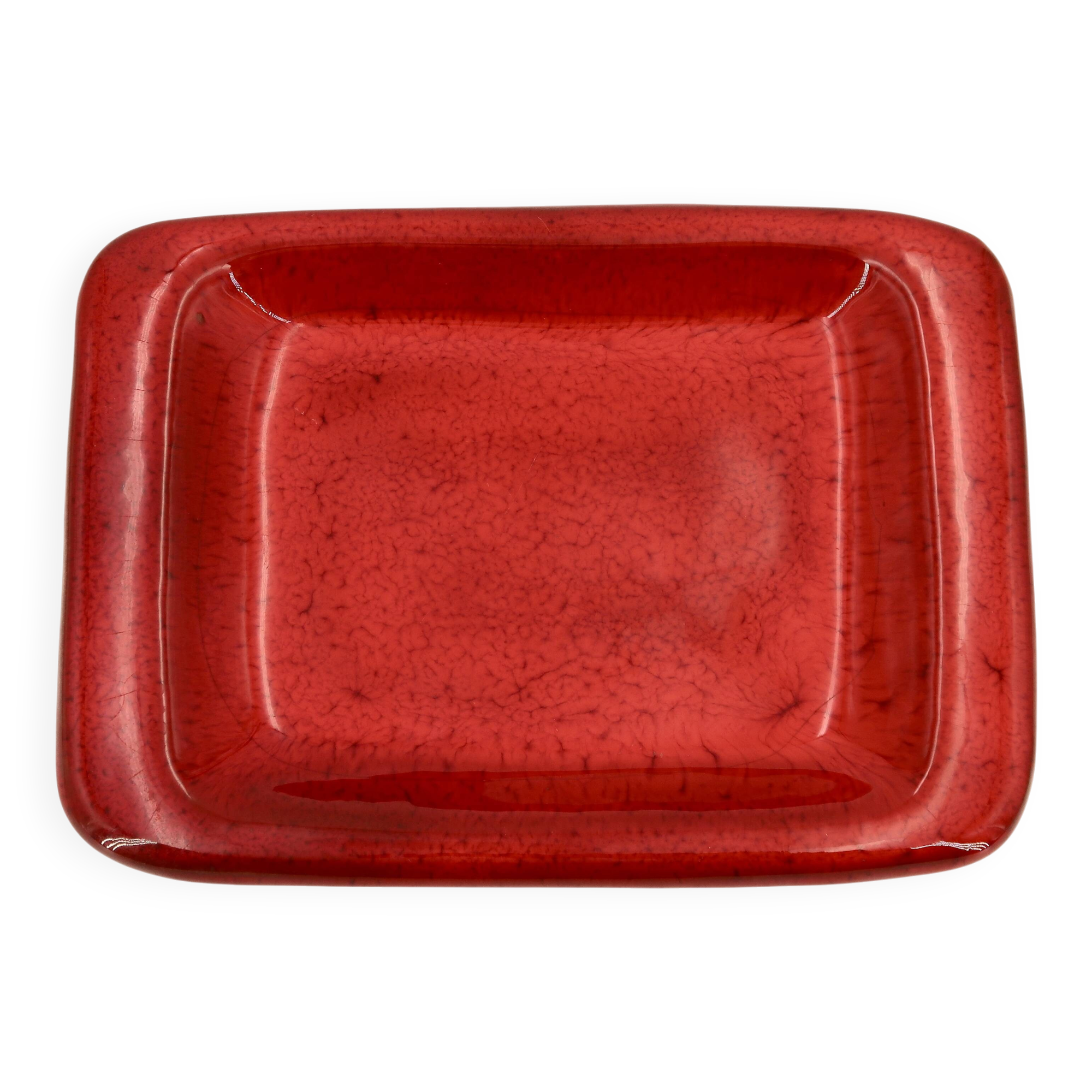 Rectangular ceramic catchall in red by Jean and Robert Cloutier.