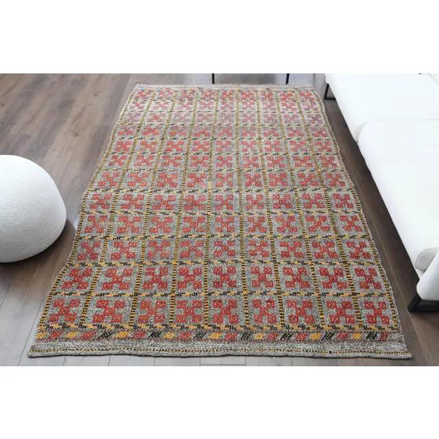 Tapis couloir vintage turc Oushak fait main en laine et coton gris 169x248 cm des années 1970