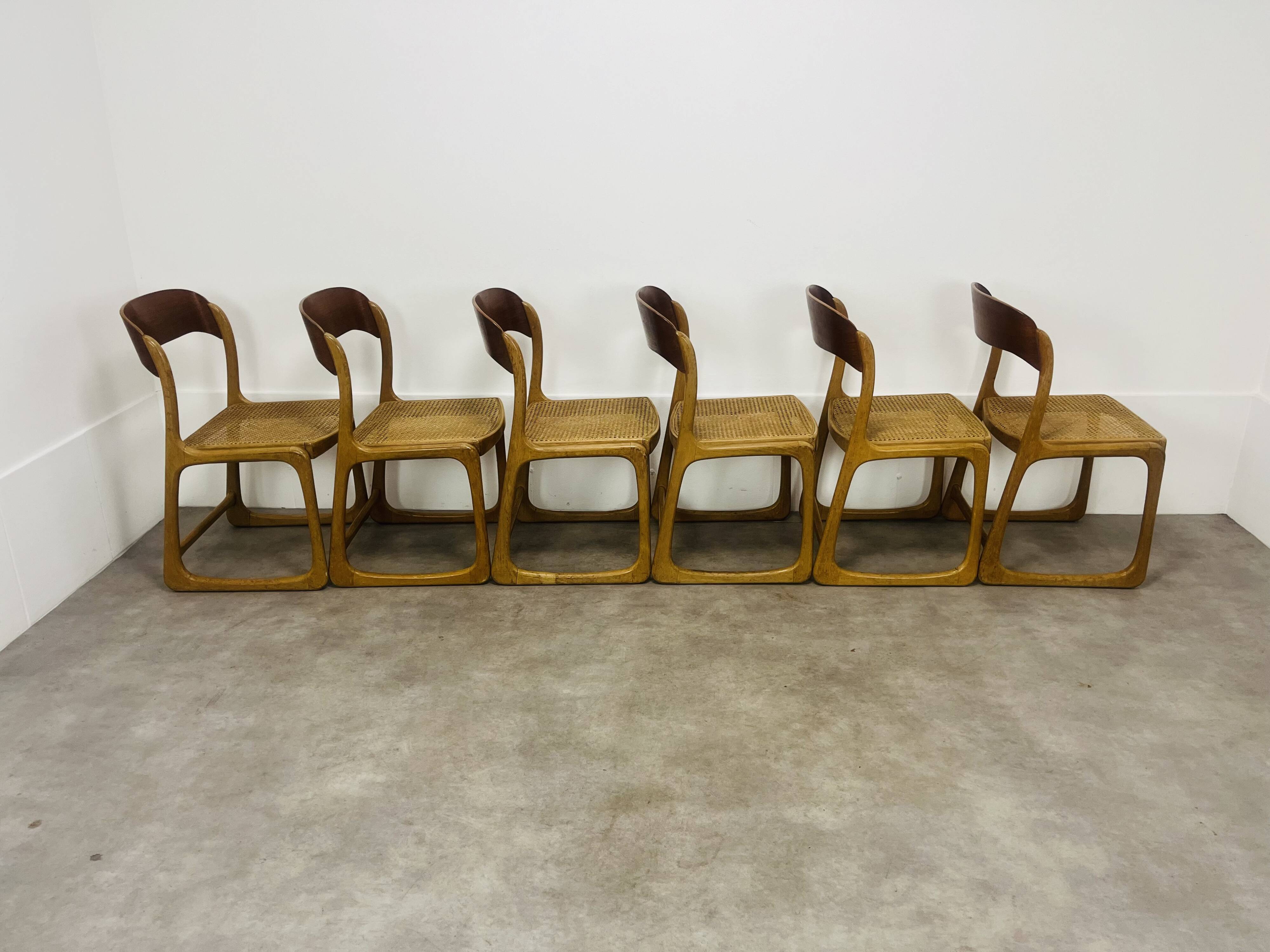 6 Baumann Bémol sled chairs in cane