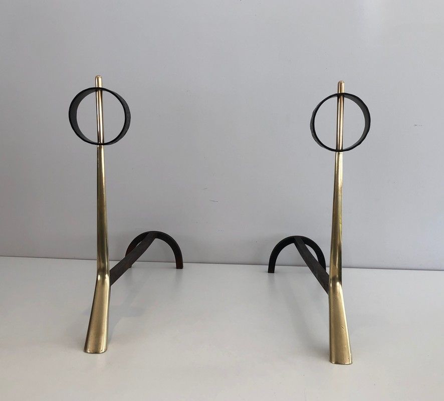 Pair of modernist bronze and wrought iron andirons
