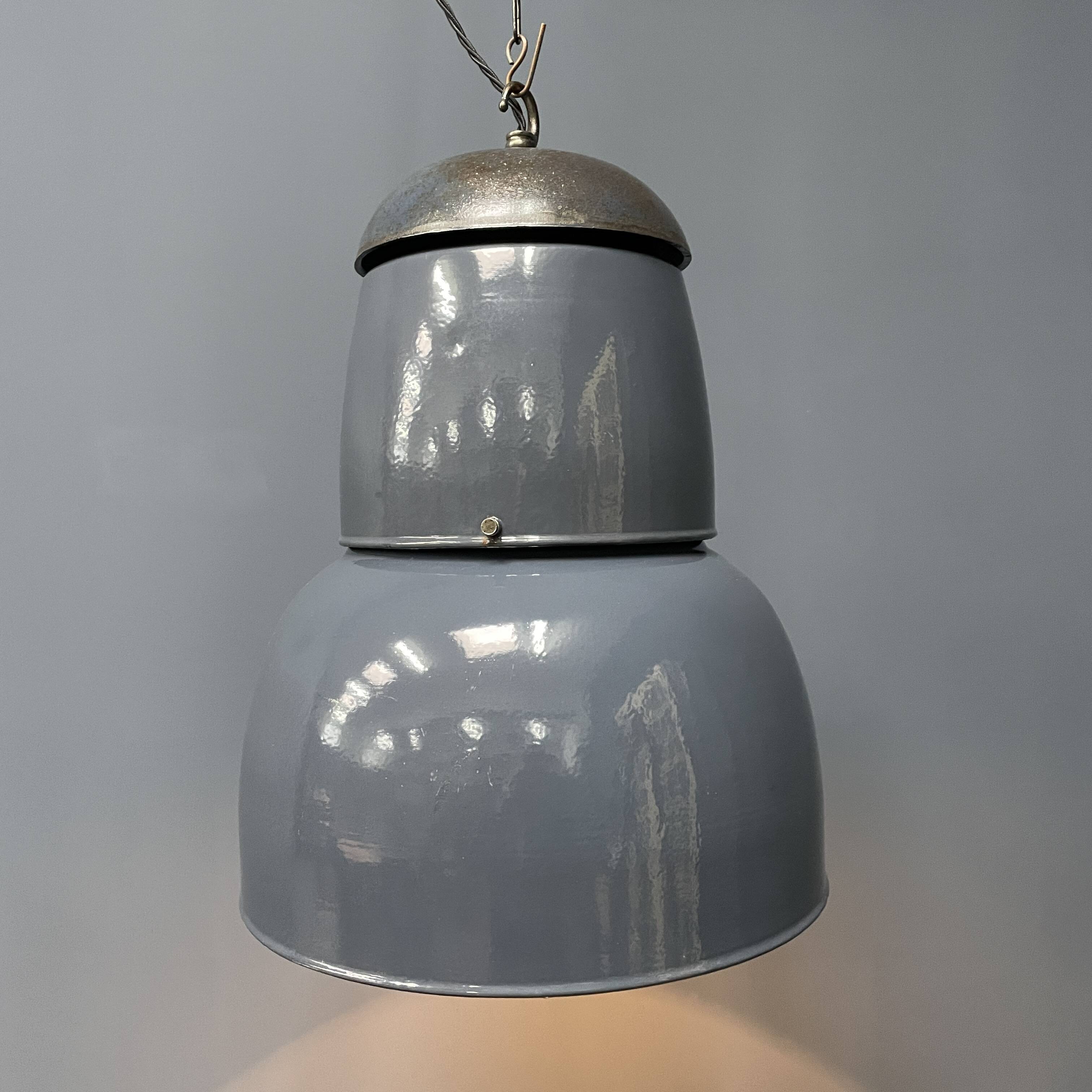 Large old industrial blue-gray enamel pendant lamp
