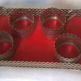 Serving tea tray with 4 glass holders in vintage silver metal